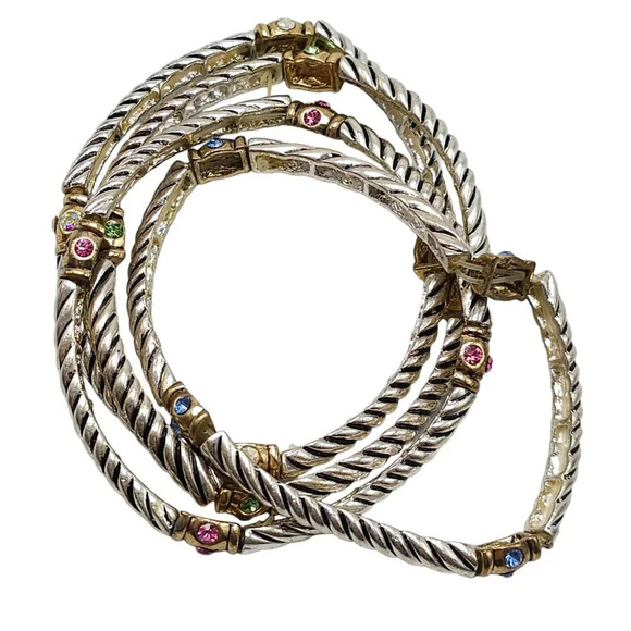 Multicolor Rhinestone Spiral Stretch Bangle Bracelet Set of 4 Gold Tone Vtg - Picture 4 of 5